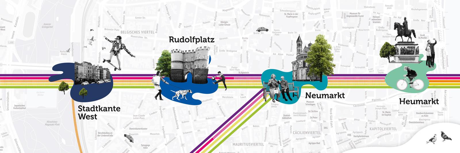 Die 4 betroffenen Haltestellen:Stadtkante West, Rudolfplatz, Neumarkt, Heumarkt